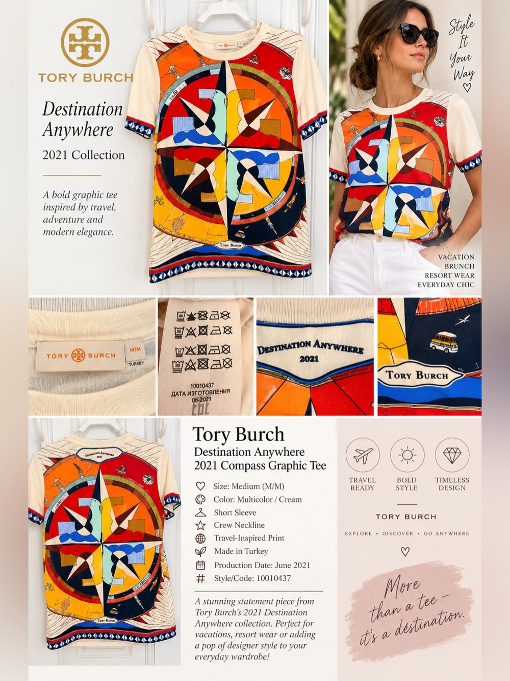 Tory Burch Destination Anywhere 2021 Compass Graphic Tee Medium Retail $225